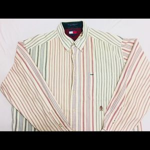 Mens TOMMY HILFIGER Button Shirt L Striped Cream